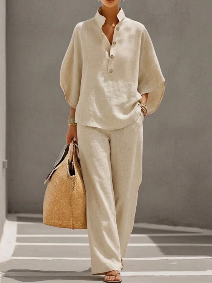 Mariel | Cotton and linen set with batwing sleeves and wide-leg pants
