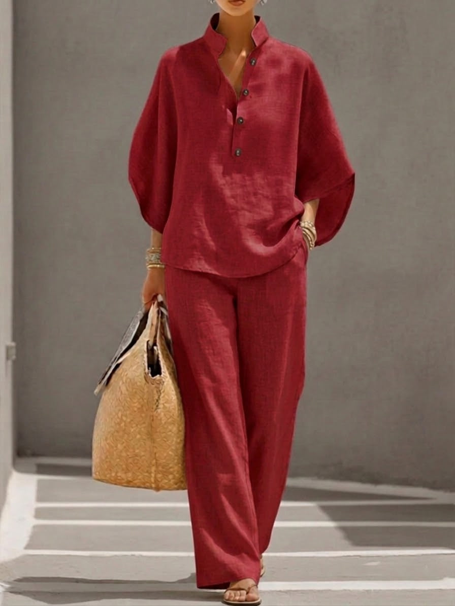 Mariel | Cotton and linen set with batwing sleeves and wide-leg pants