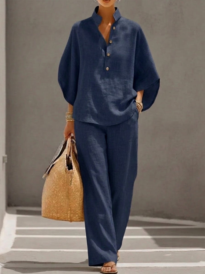 Mariel | Cotton and linen set with batwing sleeves and wide-leg pants