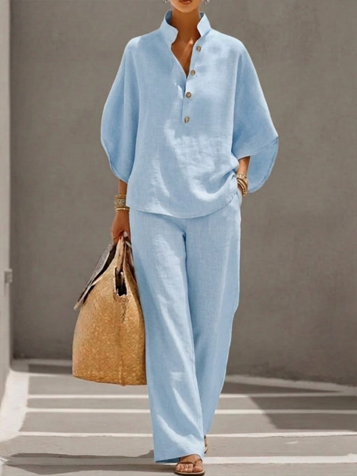 Mariel | Cotton and linen set with batwing sleeves and wide-leg pants