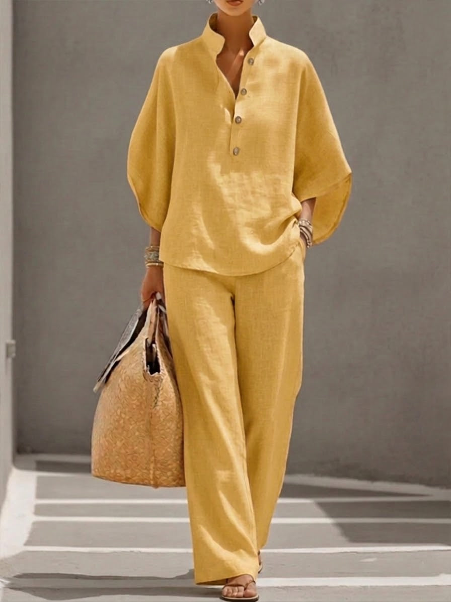 Mariel | Cotton and linen set with batwing sleeves and wide-leg pants