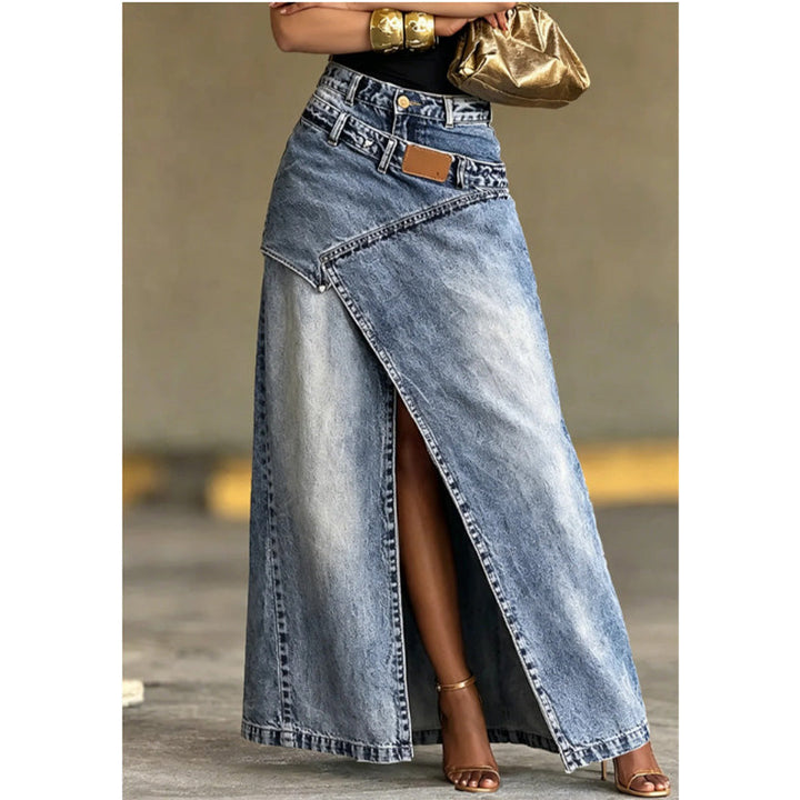 Women's Layered Waist Denim Maxi Skirt
